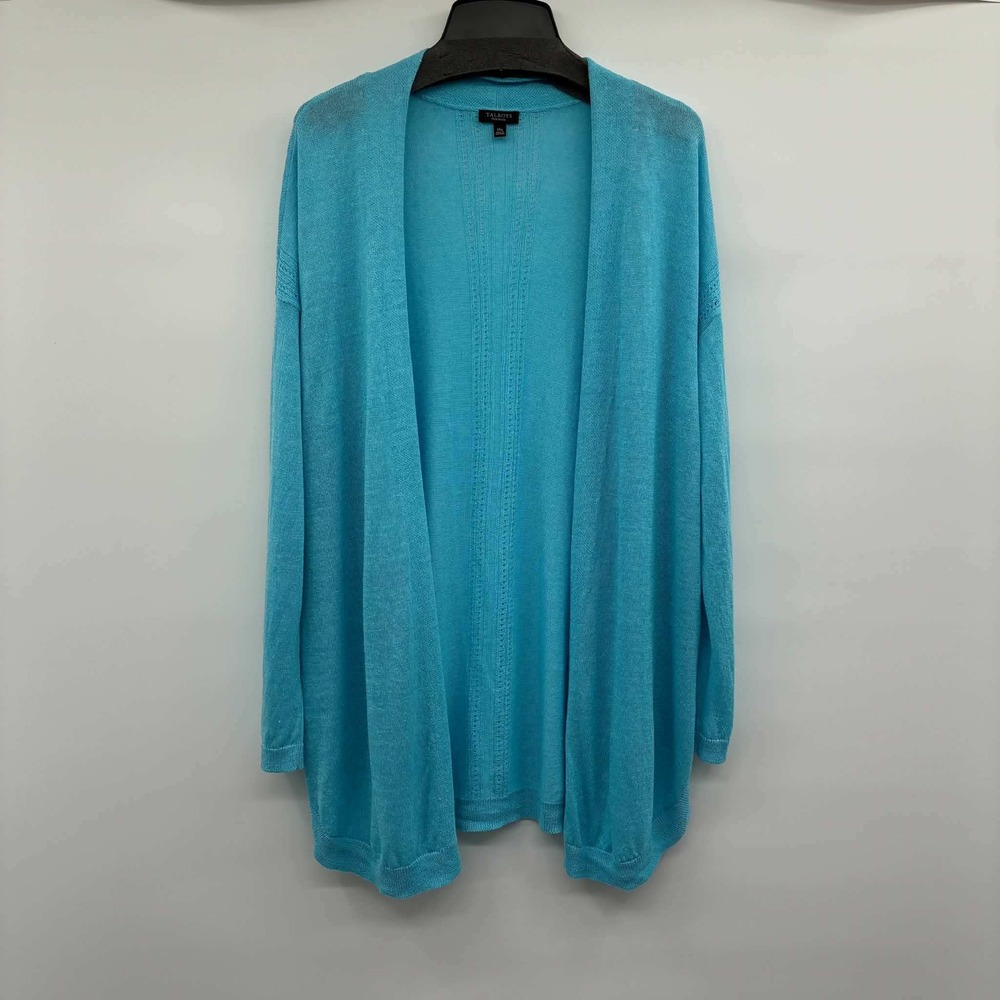 Talbots Cardigan Womens 1XP Turquoise Linen Blend Open Front Plus Petite Knit